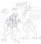 after_transformation anthro bottomwear cargo_pants claws clothing creep_(goosebumps) duo egg_monster_(goosebumps) fingerless_gloves gloves goosebumps handwear hi_res hind_legs hoodie lizard male monochrome monster_(goosebumps) pants reptile scalie simple_background speech_bubble spinater topwear underwear