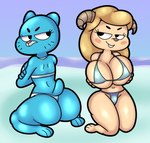 anthro big_breasts big_butt bikini breast_envy breasts butt clothing comparing comparing_breasts crossed_arms duo female holding_breast horn huge_breasts kneeling looking_at_another mature_female swimwear thick_thighs two-piece_swimsuit someth1ngoranother cartoon_network the_amazing_world_of_gumball chi_chi's_mom nicole_watterson bovid domestic_cat felid feline felis mammal absurd_res hi_res