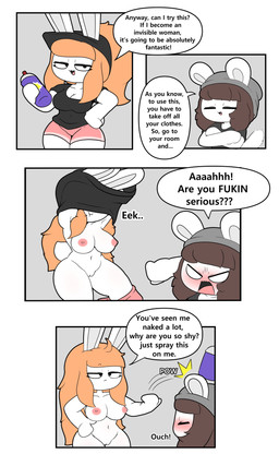 anthro beanie black_clothing black_hat black_headwear black_shirt black_topwear blush bottomwear breasts brown_hair cleavage clothed clothing dialogue duo eyelashes female genitals grey_beanie grey_clothing grey_hat grey_headwear hair hat headgear headwear long_hair male navel nipples nude nude_anthro nude_female orange_hair pink_bottomwear pink_clothing pink_shorts ponytail profanity shirt short_tail shorts speech_bubble spray_can tail text throwing throwing_object topwear undressing undressing_self vulva tonytoran tina_(tonytoran) tony_(tonytoran) chinchilla chinchillid lagomorph leporid mammal rabbit rodent absurd_res comic english_text hi_res