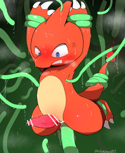 2_toes 3_fingers anal anal_penetration animal_genitalia anthro arms_above_head biped blue_eyes blush blush_lines blushing_profusely bodily_fluids breath censor_bar censored_genitalia censored_penis claw_fingers claws clenched_teeth cross-popping_vein erection fangs feet fingers fire flaming_tail forced genital_slit genitals glistening glistening_eyes green_background green_tentacles male male_anthro multicolored_body nude nude_anthro nude_male penetration penis pink_penis rape red_body restrained restrained_by_tentacles sex simple_background solo sweat sweaty_body sweaty_chest sweaty_face sweaty_genitalia sweaty_legs sweaty_penis tail tail_grab tapering_penis tapering_tail tears teeth tentacle_around_leg tentacle_around_tail tentacle_in_ass tentacle_penetration tentacle_rape tentacle_sex tentacles tentacles_around_arms text toe_claws toes two_tone_body white_claws yellow_body garakuta033 nintendo pokemon charmeleon generation_1_pokemon pokemon_(species) reptile scalie 2022 absurd_res artist_name censored digital_media_(artwork) hi_res japanese_description