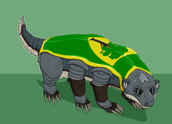 6_legs animal_genitalia armor brown_eyes cape claws clothing feral fully_sheathed fur furgonomics genitals green_background grey_body grey_fur male male_feral plantigrade plate_armor sheath simple_background solo tail white_body white_fur strega bartleby_(strega) badger mammal mustelid musteline 2025 hi_res