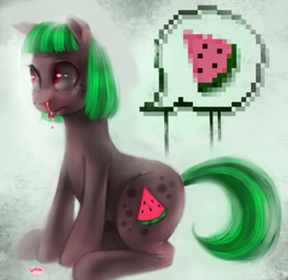 cutie_mark female feral food fruit green_hair hair melon plant quadruped red_eyes simple_background solo tail tongue tongue_out watermelon watermelon_slice crookedtrees hasbro my_little_pony fan_character equid equine horse mammal pony