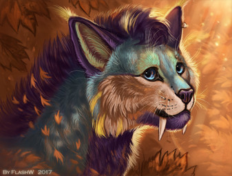 ambiguous_gender autumn black_lips blue_body blue_eyes blue_fur cheek_tuft detailed_background detailed_fur ear_piercing ear_tuft facial_tuft fangs feral fur inner_ear_fluff leaf light lips long_mouth looking_away mane no_sclera piercing purple_body purple_fur purple_mane purple_nose shadow side_view snout solo sunlight teeth tuft whiskers white_body white_fur wind flashw tahoe_(alcolynx) felid mammal prehistoric_species saber-toothed_tiger 2017 bust_portrait detailed digital_media_(artwork) headshot_portrait portrait