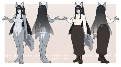 4_toes 5_fingers :< anthro big_breasts big_ears big_tail biped black_boots black_bottomwear black_clothing black_dress black_eyebrows black_footwear black_hair black_nose black_toe_claws boots bottomwear breasts butt clothing dress eyebrows eyelashes featureless_breasts featureless_crotch feet female fingers floral_pattern fluffy fluffy_tail footwear fur gesture grey_arms grey_body grey_ears grey_fur grey_legs grey_markings grey_tail hair hand_gesture humanoid_feet humanoid_hands inner_ear_fluff kemono long_hair markings pink_eyes plantigrade shirt shoelaces shoes short_snout simple_background solo sparkles standing tail tall text toes topwear translucent translucent_hair tuft white_background white_clothing white_inner_ear_fluff white_sclera white_shirt white_topwear serelitto himezawa_lawchi canid canine canis dire_wolf mammal prehistoric_species wolf 2026 absurd_res artist_name digital_drawing_(artwork) digital_media_(artwork) hi_res model_sheet watermark