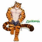 anthro biped black_body black_fur bottomwear brown_body brown_fur bulge claws clothed clothing countershading front_view fur green_eyes looking_at_viewer male muscular muscular_anthro muscular_male nipples orange_body orange_fur pecs raised_leg shorts simple_background smile solo standing stripes toe_claws topless whiskers white_background white_body white_fur zootopia_shorts ainro disney zootopia tiger_dancer_(zootopia) felid mammal pantherine tiger 1:1 full-length_portrait portrait signature