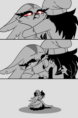 anthro beanie bodily_fluids clothing crying dress duo eyes_closed female grey_background hair hat headgear headwear hug long_hair red_eyes simple_background tears divacyanide hellaverse helluva_boss octavia_(helluva_boss) stella_(helluva_boss) avian bird owl owl_demon 2:3 absurd_res comic hi_res daughter_(lore) mother_(lore) mother_and_child_(lore) mother_and_daughter_(lore) parent_(lore) parent_and_child_(lore) parent_and_daughter_(lore)