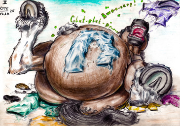 belly big_belly burping burping_up_clothing clothing comic_panel digestion digestion_noises fatal_vore feral licking male muscular oral_vore rumbling_stomach solo tongue vore anxiousboar equid equine horse mammal absurd_res colored graphite_(artwork) hi_res traditional_media_(artwork)