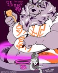 anthro belly big_breasts bodily_fluids bottomwear breasts cellphone clothed clothing dialogue duo electronics extreme_size_difference female femboy fur grey_body grey_fur hair holding_object hooters_uniform huge_breasts male navel neon_lights nervous nervous_smile nightclub phone piercing purple_body purple_fur purple_hair shirt shorts simple_background size_difference smaller_male smartphone sweat tail tank_top text text_on_clothing text_on_shirt text_on_tank_top text_on_topwear thick_thighs topwear white_body white_fur yuniji_(text) fujiyama_samoyed_(artist) hooters kayla_(ahalot) alien canid canine canis mammal wolf 4:5 absurd_res digital_media_(artwork) english_text hi_res unknown_language unknown_text