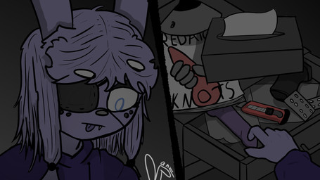 anthro blue_eyes box_cutter clothing dildo drawer drugs eye_patch eyewear female gun hoodie knife magazine pills porn_magazine pornography ranged_weapon sex_toy solo tissue_box tongue tongue_out topwear weapon manyanz lagomorph leporid mammal rabbit 16:9 4k absurd_res animated hi_res widescreen