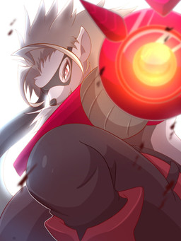 anthro arm_cannon bottomwear clothing female fighting_pose fur grey_body grey_fur gun_arm mask mechanical_arm pants pose red_eyes simple_background solo weapon_arm digital_itachi7 bandai_namco digimon digimon_beatbreak digimon_(species) wolvermon 3:4 hi_res
