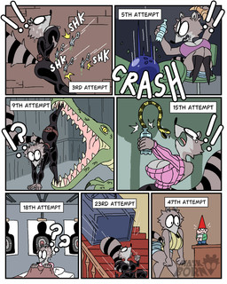 anthro assassin assassination ball big_breasts big_butt black_clothing bodily_fluids bodysuit boots bottle bottomwear bowling_ball breasts butt clothed clothing container female female_anthro femme_fatale footwear fur high_heeled_boots high_heels huge_breasts knife lawn_gnome markings nervous nervous_look nervous_sweat pouch_(clothing) raccoon_tail running running_away safe_(container) scared sharp_teeth shocked shoes shooting_range shorts simple_background skinsuit solo stairs stripes sweat sweater tail tail_markings tears tears_of_fear teeth text thief throwing_knife tight_clothing topwear water_bottle diegutan uva_the_raccoon alligator alligatorid crocodile crocodilian mammal procyonid raccoon reptile scalie snake 4:5 absurd_res aliasing binary_drawing comic digital_drawing_(artwork) digital_media_(artwork) english_text hi_res