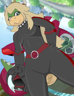 anthro armor blonde_hair clothing collar crossgender crown female gloves hair handwear headgear helmet horn leather motorcycle solo spiked_collar spikes vehicle cazinkwolf mario_bros nintendo bowser koopa scalie aliasing compression_artifacts digital_media_(artwork) hi_res