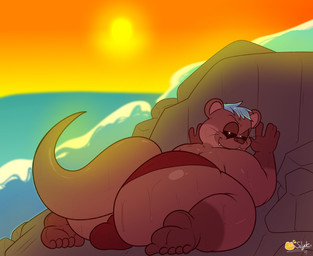 anthro beach bedroom_eyes big_butt big_tail black_sclera blue_hair brown_body brown_fur bulge butt clothed clothing fur hair huge_butt looking_at_viewer male narrowed_eyes outside seaside seductive solo speedo speedo_only sun swimwear tail topless water wet wet_body wet_fur slyden'in mammal mustelid otter digital_media_(artwork) hi_res