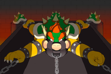 anthro bdsm bondage bound chain chained dungeon fully_bound gag gagged horn lava lying male muzzle_(object) muzzled on_front restraining_table shell solo spikes spread_eagle spread_legs spreading submissive submissive_male torture_device torture_rack_(device) bondagefanart mario_bros nintendo bowser koopa scalie 3:2 digital_media_(artwork)
