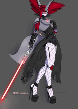 armor blush clothing cosplay female fishnet_clothing fishnet_legwear footwear gauntlets gloves handwear high_heels holding_lightsaber holidays legwear lightsaber lock machine melee_weapon platform_footwear platform_heels red_lightsaber shoes sith_lord solo weapon theandroidjoa halloween nintendo pokemon star_wars lord_starkiller android delphox generation_6_pokemon humanoid pokemon_(species) robot absurd_res hi_res