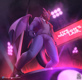 anthro claws clothed clothing exposure_variation fingers horn low-angle_view male membrane_(anatomy) membranous_wings pole pupils slit_pupils smile solo tail text toe_claws wings sugarlesspaints mythology enibu dragon mythological_creature mythological_scalie scalie 2022 digital_media_(artwork) english_text hi_res url