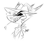 clothing cowboy_hat eyebrows facial_hair grin hair half-closed_eyes hat headgear headwear horn kerchief male mustache narrowed_eyes sharp_teeth short_hair smile solo teeth starthewerewolf helluva_boss striker_(helluva_boss) demon humanoid imp reptile scalie snake 2021 black_and_white monochrome signature sketch