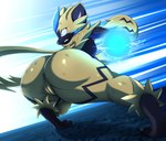 action_pose anthro anus big_butt black_body blue_eyes butt clenched_teeth electricity feet female fur fur_markings genitals markings motion_lines pose pussy rear_view scratches solo tail teeth thick_thighs wide_eyed yellow_body yellow_fur zerrymon nintendo pokemon generation_7_pokemon legendary_pokemon pokemon_(species) zeraora