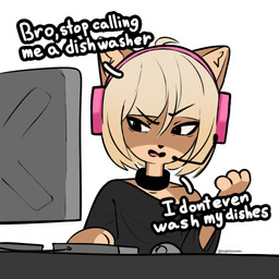 anthro blonde_hair collar computer electronics eyebrows female hair headphones humor raised_eyebrow sexism simple_background solo text white_background dogfailureowo hana_(dogfailureowo) canid canine canis domestic_dog mammal 1:1 english_text hi_res