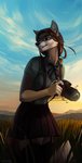 5_fingers anthro blue_eyes blue_sky brown_hair camera clothed clothing cloud day detailed_background eyebrows eyelashes female fingers grass hair holding_camera holding_object outside plant sky smile solo standing taurusart canid canine mammal digital_media_(artwork) hi_res