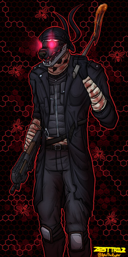 anthro axe bandage blood bodily_fluids bulletproof_vest clothing coat eyewear food goggles gore gun headwrap honey_(food) male melee_weapon metal_jaw p90 ranged_weapon scar solo standing submachine_gun tactical_gear topwear trenchcoat weapon aptertheraptor madness_combat hank_j._wimbleton badger honey_badger mammal mustelid musteline absurd_res hi_res