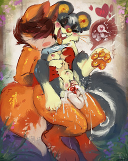 abdominal_bulge animal_genitalia animal_penis anthro aroused balls blush bodily_fluids breast_grab breasts breath canine_genitalia canine_penis clitoral_hood clitoris cum cum_in_vagina cum_inside cum_splatter duo ejaculation excessive_cum excessive_genital_fluids eyes_closed female fluffy fondling from_behind_position fur genital_fluids genitals grey_body grey_fur hair hand_on_breast happy happy_sex heart_symbol impregnation knot knotted_penis knotting male male/female nipples on_lap open_mouth orange_body orange_fur orgasm ovum panting pawpads paws penetration penis red_body red_fur saliva saliva_string sex sitting_on_lap smile sperm_cell spread_legs spreading squirrel_tail tail tongue vaginal vaginal_penetration vulva white_body white_fur yellow_body yellow_fur nihilochannel animal_crossing nintendo blaire_(animal_crossing) ferox_(feroxdoon) canid canine fox mammal red_fox rodent sciurid tree_squirrel true_fox digital_media_(artwork) digital_painting_(artwork) hi_res painting_(artwork) nonbinary_(lore)