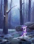 blue_eyes cape clothing costume creek crown detailed_background female feral forest hair headgear horn outside plant purple_hair snow snowing solo standing tree water ajvl friendship_is_magic hasbro my_little_pony mythology princess_platinum_(mlp) rarity_(mlp) equid equine mammal mythological_creature mythological_equine unicorn 2014 hi_res