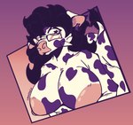 anthro big_breasts breasts eyewear female fur glasses hair looking_at_viewer nipples nude pose simple_background smile solo smokedsoul35 bovid bovine cattle mammal digital_media_(artwork)