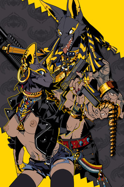 abstract_background ammunition anthro areola armlet bandolier belt blue_eyes bottomwear bracelet breasts clothed clothing decorative_scarab denim denim_clothing dreadlocks duo ear_piercing female fur gold_(metal) gold_jewelry gun hair holding_gun holding_object holding_ranged_weapon holding_weapon jacket jewelry legwear mac-10 male male/female markings nails navel navel_piercing necklace nipples open_clothing open_mouth open_shirt open_topwear panties pants piercing ranged_weapon sharp_teeth shirt shorts shotgun simple_background smile standing stockings submachine_gun tattoo teeth topless topwear underwear weapon kuroblood egyptian_mythology middle_eastern_mythology military_armament_corporation mythology anubis bast anubian_jackal canid canine canis deity domestic_cat felid feline felis jackal mammal 2015