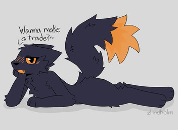 ambiguous_gender anthro black_body black_fur blush blush_lines chest_fur dialogue dipstick_tail fur grey_background looking_at_viewer lying markings on_front open_mouth orange_blush orange_body orange_fur orange_mouth orange_sclera orange_tail_tip side_eye simple_background solo tail tail_markings talking_to_viewer text zhodholm casualties:_unknown gunsaw canid canine expie_(gunsawian) fox gunsawian hybrid mammal murid murine rat rodent 2026 digital_drawing_(artwork) digital_media_(artwork) english_text hi_res