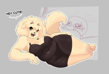 anthro big_breasts black_clothing black_dress black_eyes black_nose blush blush_lines breasts brown_eyebrows chest_tuft cleavage clothed clothing dress eyebrows female freckled_face freckles fur glistening glistening_eyes hair long_tail lying nipple_outline on_side short_hair solo tail talking_to_viewer tan_body tan_ears tan_fur tan_hair text thick_eyebrows thick_thighs tuft skibanana jessica_(skibanana) canid canine canis domestic_dog mammal absurd_res english_text hi_res