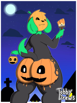 anthro big_butt black_body bodypaint bottom_heavy brush butt curvy_figure femboy food for_a_head fruit green_body holidays huge_butt jack-o'-lantern looking_at_viewer looking_back male nude nude_anthro orange_body painted_butt plant pumpkin pumpkin_head smile solo tail thick_thighs wide_hips yellow_eyes tobydraws4 halloween tobby_(tobydraws4) canid canine canis domestic_dog mammal object_head 3:4 hi_res portrait