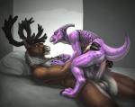 anal anal_penetration anthro antlers balls big_dom_small_sub bodily_fluids chest_fur cowgirl_position dominant duo erection eyes_closed flaccid foreskin from_front_position genital_fluids genitals green_eyes half-erect horn humanoid_genitalia humanoid_penis interspecies larger_male lying male male/male male_on_bottom male_on_top male_penetrated male_penetrating male_penetrating_male on_bottom on_top open_mouth penetration penis precum retracted_foreskin sex shallow_penetration simple_background size_difference smaller_male tail klongi nekrall ruxley deer dinosaur hadrosaurid mammal new_world_deer ornithischian ornithopod parasaurolophus prehistoric_species reindeer reptile scalie