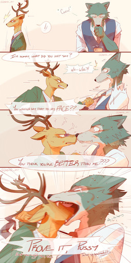 anthro antlers bodily_fluids brown_body brown_fur cellphone cough dialogue duo electronics eye_contact fur grey_body grey_fur head_in_mouth holding_cellphone holding_object holding_phone horn humor interrobang looking_at_another male phone question_mark speech_bubble sweat sweatdrop text jmbad_art beastars legoshi_(beastars) louis_(beastars) canid canine canis cervine deer mammal red_deer wolf 1:2 2020 absurd_res comic english_text hi_res