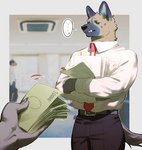 anthro belt bottomwear brown_body brown_fur clothing duo fur holding_money holding_object holding_paper looking_at_viewer male money necktie offering_money pants paper shirt solo_focus speech_bubble topwear pu94_d1de4c aggretsuko sanrio haida_(aggretsuko) hyena mammal spotted_hyena 2023 hi_res