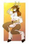 5_fingers anthro antlers breasts brown_body brown_fur clothed clothing female fingers fur hooves horn panties shirt solo topwear underwear white_body white_fur yellow_eyes amur sarah_bou deer mammal 2019 digital_media_(artwork) hi_res