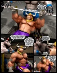 3d_(artwork) abs anthro beard biceps big_muscles black_hair blonde_hair bottomwear bovid bovine braford bulge cattle chuck_(braford) clothed clothing comic dialogue digital_media_(artwork) dozer_(braford) duo english_text exercise facial_hair fur gloves gym hair handwear holding_object horn male mammal mohawk musclegut muscular muscular_male nipples pecs pose red_hair rhinoceros shorts slightly_chubby swimming_trunks swimwear text topless vein weightlifting weights workout