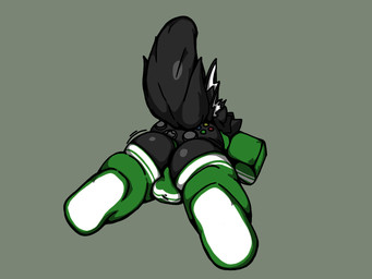 anthro backsack balls big_butt black_body black_fur bulge bulge_from_behind butt clothing controller footwear fur game_controller genitals green_background green_clothing green_shirt green_topwear green_underwear lying machine male on_front perineum shirt simple_background socks solo thick_thighs topwear underwear xbox_controller killerwhale0 microsoft xbox xbox_game_studios protogen 4:3 digital_media_(artwork)