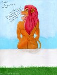 anthro blue_sky butt dialogue femboy fur grass green_ground hair looking_back male mane mane_hair nude pink_nose plant red_eyes red_hair rim_light sitting sky smile solo text wall_(structure) yellow_body yellow_fur yellow_sclera lovemet123_(lovemet_room) disney the_lion_king simba_(the_lion_king) felid lion mammal pantherine english_text hi_res