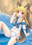 blonde_hair blush clothed clothing collarbone colored_edge_panties colored_edge_underwear fangs female fox_tail hair hand_in_hair long_hair looking_at_viewer midriff navel off_shoulder open_mouth panties red_eyes ribbons shirt sitting solo teeth topwear touching_hair underwear water wet wet_clothing wet_panties wet_shirt wet_topwear wet_underwear white_clothing white_panties white_underwear snowfly3141 animal_humanoid canid canid_humanoid canine canine_humanoid fox fox_humanoid humanoid mammal mammal_humanoid hi_res