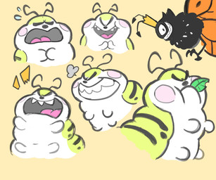 4_arms ambiguous_feral ambiguous_form ambiguous_gender angry antennae_(anatomy) black_antennae black_body blush blush_stickers bodily_fluids countershading crying eating evil_grin eyebrows eyeless eyespots feral frown green_body grin leaf markings multi_arm multi_limb open_mouth orange_wings pink_blush sad simple_background smile solo tears teeth toothy_grin white_body white_countershading wings yellow_background young young_ambiguous young_feral nimart disney hoppers_(disney) pixar titus_(hoppers) arthropod butterfly caterpillar insect larva lepidopteran monarch_butterfly 2026 6:5 digital_media_(artwork) hi_res