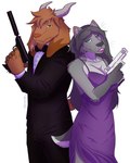 anthro back_to_back bow_tie clothing dress duo female gun male male/female purple_clothing purple_dress ranged_weapon spy suit weapon ssnowstalker angelica_moon_(claydon_delve) william_gruff_(claydon_delve) bovid canid canine canis caprine goat mammal wolf 4:5 absurd_res hi_res