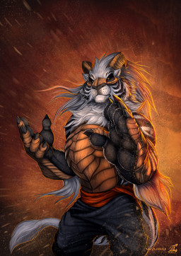 5_fingers abstract_background amber_eyes anthro arm_tuft biped black_body black_claws black_fur black_nose black_scales black_stripes black_tail bottomwear brown_body brown_horn brown_scales cheek_tuft claws clothed clothing curved_horn dirt elbow_tuft facial_tuft fighting_pose fingers front_view frown fur fur_tuft hair horn long_hair looking_at_viewer male multicolored_body multicolored_fur multicolored_scales multicolored_tail neck_tuft oversized_bottomwear oversized_clothing oversized_pants pants particles pose pupils sash scales simple_background slit_pupils solo standing striped_body striped_fur stripes tail tail_tuft topless tuft two_tone_body two_tone_fur two_tone_scales ventral_scales white_body white_fur white_hair white_tail white_tuft wind wairu mythology wairu_(character) dragon felid furred_dragon furred_scalie hybrid mammal mythological_creature mythological_scalie pantherine scalie tiger 2020 digital_media_(artwork) hi_res portrait three-quarter_portrait warm_colors