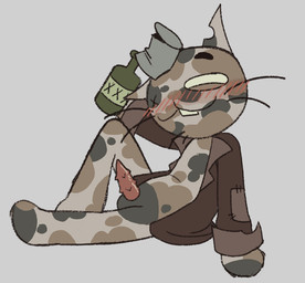 alcohol_bottle animal_genitalia animal_penis anthro beverage_bottle blush blush_lines bottle calico_pattern clothing coat container erection feline_genitalia feline_penis genitals lying male missing_eye on_side penis solo tin_can topwear trenchcoat jeffthefucksme mewgenics trampy_(mewgenics) domestic_cat felid feline felis mammal