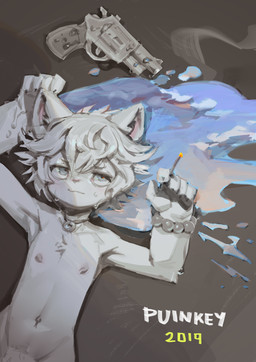 anthro cigarette fur gun hair handgun lying male nipples on_back ranged_weapon reflection revolver solo weapon white_body white_fur white_hair puinkey_(artist) puinkey_(character) domestic_cat felid feline felis mammal 2019 absurd_res hi_res signature