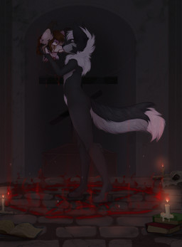 altar animal_genitalia animal_penis anthro black_body black_claws black_pawpads blood bodily_fluids bone book brown_hair candle canine_genitalia canine_penis cheek_tuft chest_tuft claws dipstick_tail duo ear_tuft eyes_closed facial_tuft female fur genitals gore grey_hair hair halloween_2025 holding_head holidays kissing knot male male/female mane mane_hair markings multicolored_body neck_tuft necromancy nude occult_symbol pawpads penis pentagram pink_pawpads severed_body_part severed_head short_hair short_tail skull snuff spots spotted_body spotted_fur standing stonewall symbol tail tail_markings tan_body tuft two_tone_body yellow_eyes temmears halloween nightdancer_(character) zaire_(nightdancer) canid canine canis felid feline lynx mammal wolf absurd_res hi_res