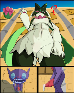 anthro blush bodily_fluids breast_curtains breasts drooling duo erection female fur genital_fluids genitals green_body green_fur low-angle_view male male/female medium_breasts nude ogling open_mouth penis precum question_mark saliva thick_thighs under_boob wide_hips jampalanga nintendo pokemon felid feline generation_3_pokemon generation_9_pokemon mammal meowscarada pokemon_(species) sableye absurd_res comic digital_media_(artwork) hi_res