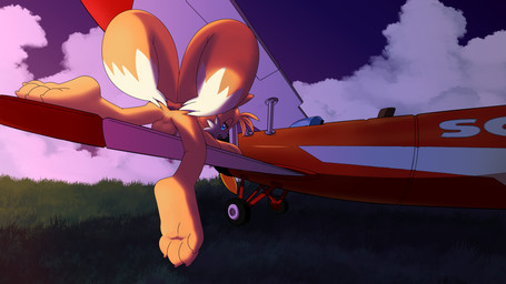aircraft airplane anthro anus balls barefoot big_feet butt feet genitals looking_back lying male multi_tail on_front rails solo spread_anus spreading tail vehicle starampharos sega sonic_the_hedgehog_(series) miles_prower canid canine fox mammal 16:9 hi_res widescreen