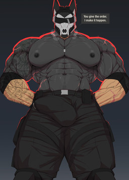 abs anthro areola barazoku belt biceps big_bulge big_muscles big_pecs black_background bodily_fluids bone bone_mask bottomwear breath bulge bulge_focus clothed clothing deltoids detailed_bulge dialogue dog_tags erection erection_under_clothing erection_under_pants eyewear front_view genital_fluids genital_outline hands_behind_back headgear huge_muscles looking_at_viewer male manly mask muscular muscular_anthro muscular_male navel nipples obliques outline pants pecs penis_outline precum precum_through_clothing precum_through_pants red_outline scar serratus simple_background skull skull_mask solo standing sunglasses talking_to_viewer tattoo tenting text thick_arms thick_thighs topless topless_anthro topless_male triceps vein veiny_muscles wet wet_clothing reachea alfonz_(reachea) canid canine canis dobermann domestic_dog mammal pinscher 2025 english_text hi_res