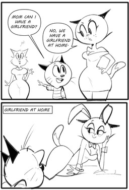 age_difference anthro bedroom_eyes big_breasts biped black_text bow_tie breasts bulging_eyes cleavage clothed clothing dialogue dress female freckles gesture hand_gesture hand_on_face hand_on_hip humor imminent_incest imminent_sex implied_incest inviting larger_anthro larger_female looking_at_another male mature_anthro mature_female narrowed_eyes older_female open_mouth parody playboy_bunny pointing pointing_at_another seductive size_difference smaller_anthro smaller_male speech_bubble surprised text two_panel_image whiskers wide_hips young young_anthro young_male younger_anthro younger_male dbaru the_complex_adventures_of_eddie_puss we_have_girlfriend_at_home eddie_puss mother_puss stroller_lady domestic_cat felid feline felis mammal 2022 2koma black_and_white comic digital_drawing_(artwork) digital_media_(artwork) english_text hi_res meme monochrome incest_(lore) mother_(lore) parent_(lore) son_(lore)